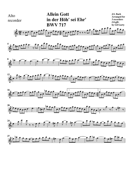 Allein Gott in der Hoeh' sei Ehr' BWV 717 for organ from Kirnberger Chorales (arrangement for 3 rec