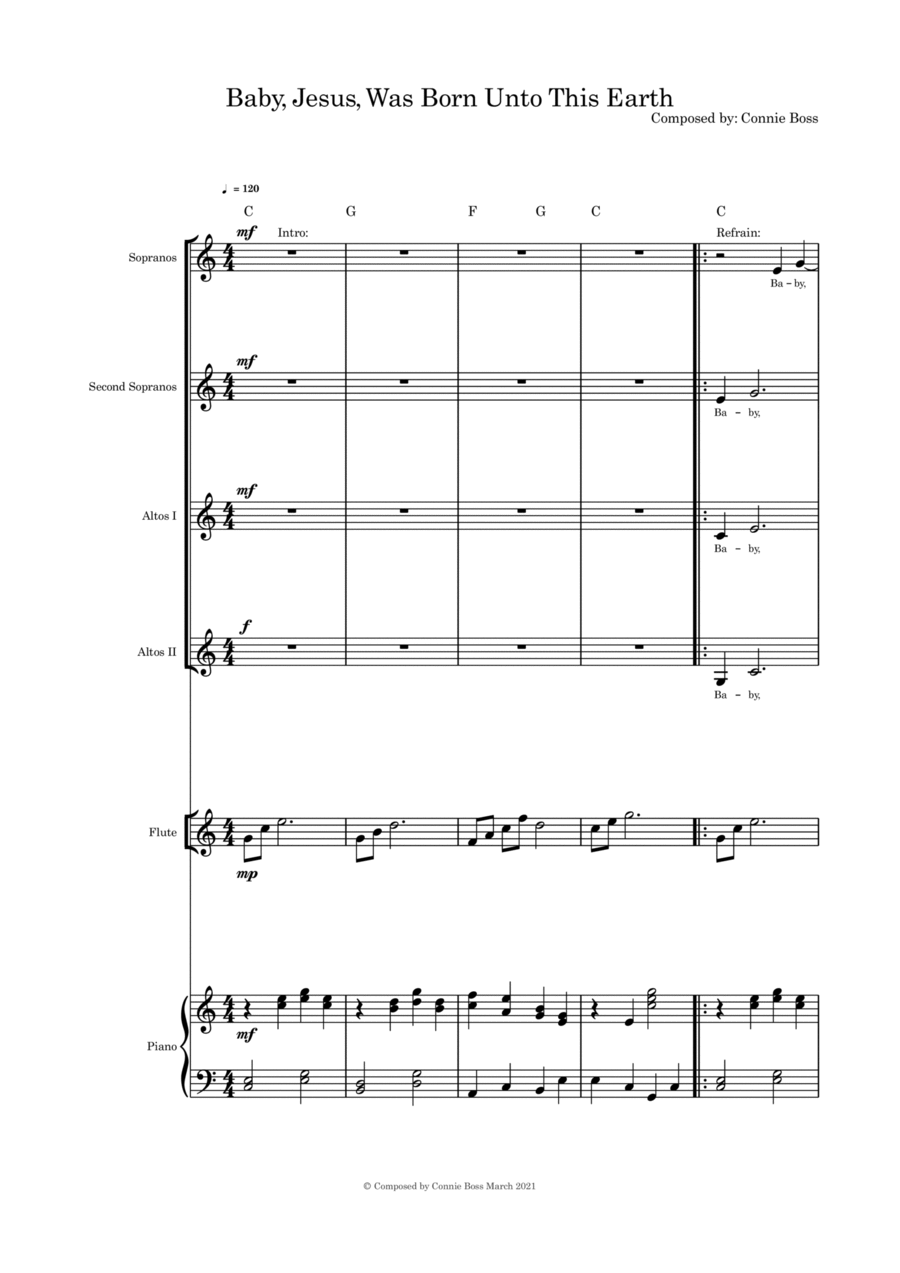Baby Jesus Was Born Unto This Earth SSAA flute or cello or violin and piano SSAA scores gallery preview page 1