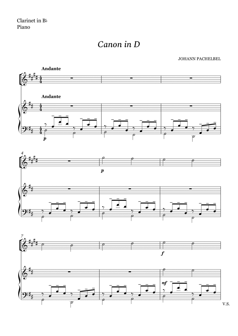 Canon in D For Clarinet in Bb And Piano Small Ensemble scores gallery preview page 1