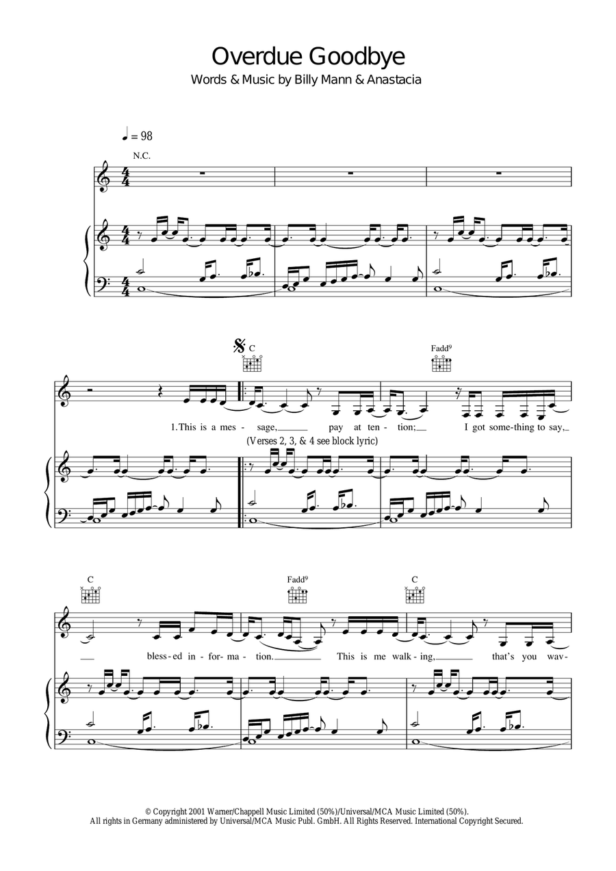 Overdue Goodbye Piano, Vocal, Guitar scores gallery preview page 1
