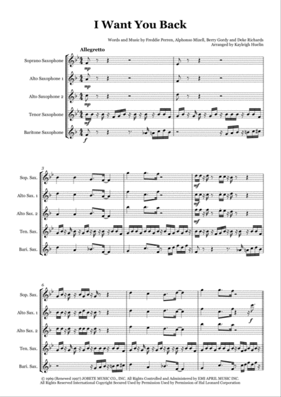 I Want You Back Saxophone Quintet scores gallery preview page 1