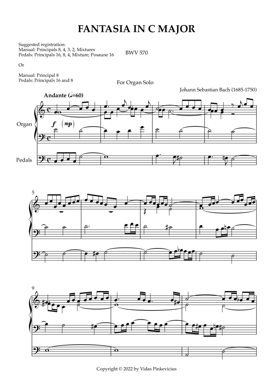 Fantasia in C Major, BWV 570 by Johann Sebastian Bach with Fugue in C Major by Vidas Pinkevicius Organ Solo scores gallery preview page 1