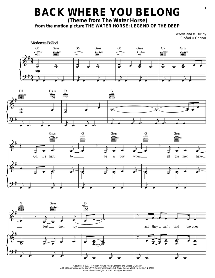 Back Where You Belong (Theme from The Water Horse) Piano, Vocal, Guitar scores gallery preview page 1