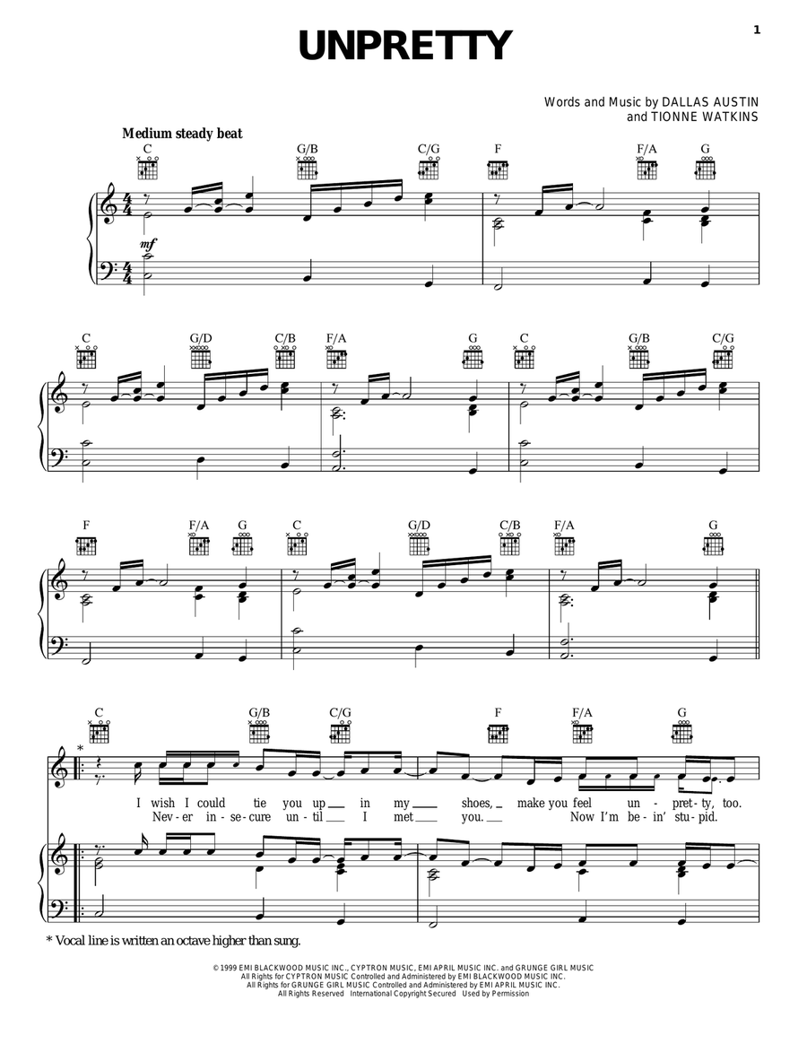 Unpretty Piano, Vocal, Guitar scores gallery preview page 1