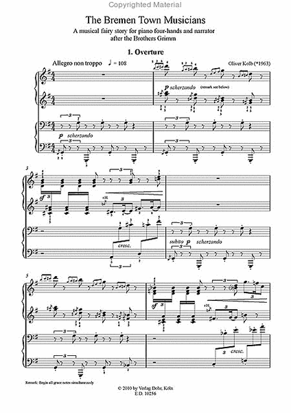 The Bremen Town Musicians (2008) -A musical fairy story after the Brothers Grimm for piano four hands and narrator- Piano Duet - Sheet Music