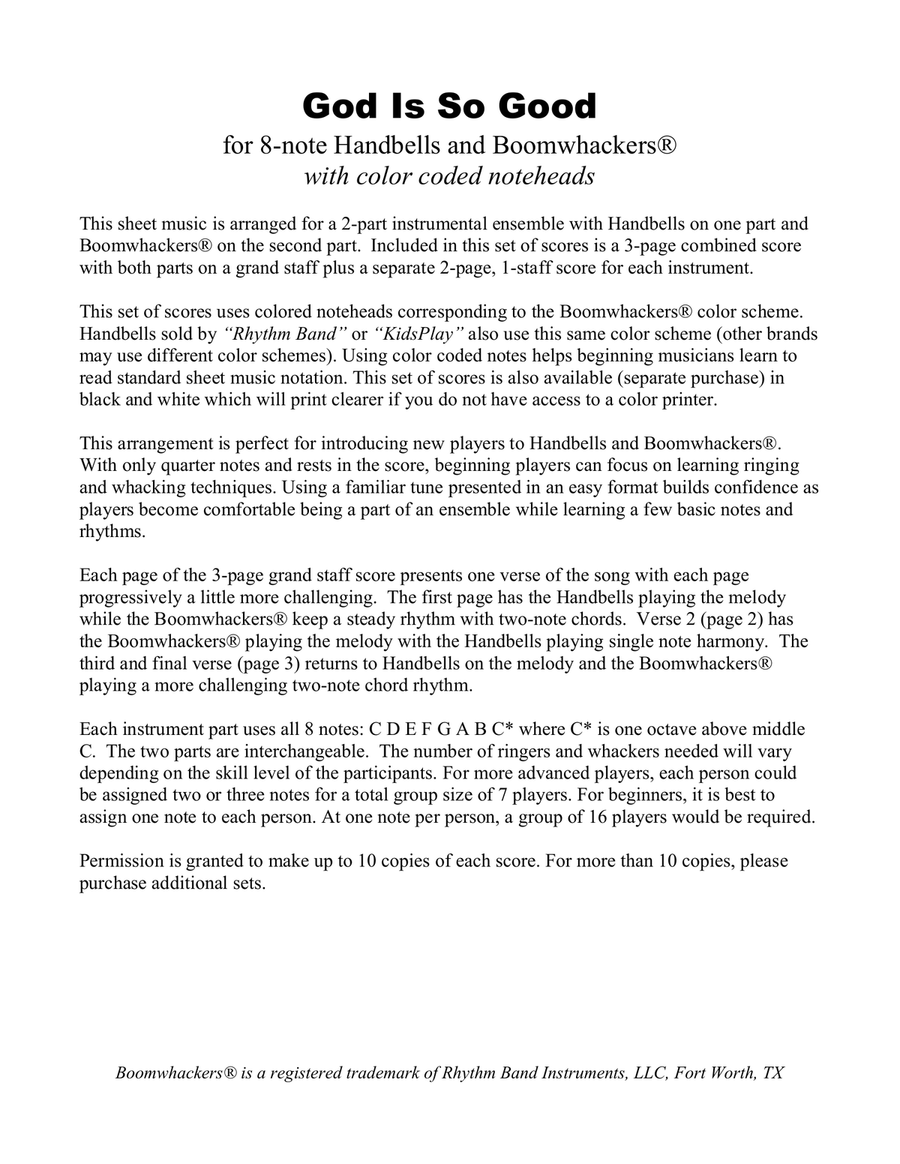 God Is So Good (for 8-note Bells and Boomwhackers with Color Coded Notes) Handbell Choir scores gallery preview page 2