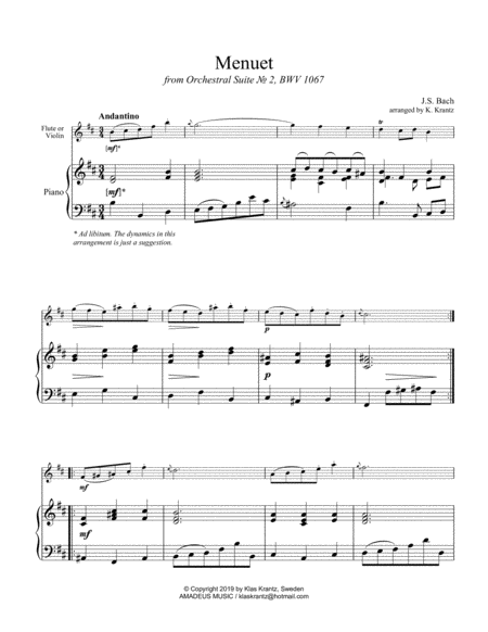 Menuet Suite 2 BWV 1067 for flute or violin and piano image number null