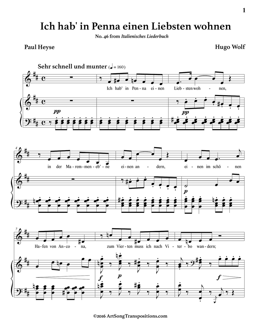 WOLF: Ich hab' in Penna einen Liebsten wohnen (transposed to D major) Piano, Vocal scores gallery preview page 2