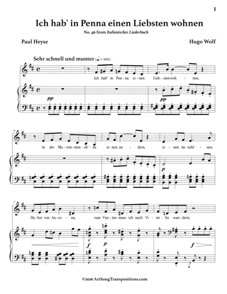 WOLF: Ich hab' in Penna einen Liebsten wohnen (transposed to D major)