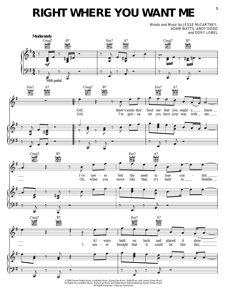 Right Where You Want Me Right Where You Want Me Piano, Vocal, Guitar scores gallery preview page 1