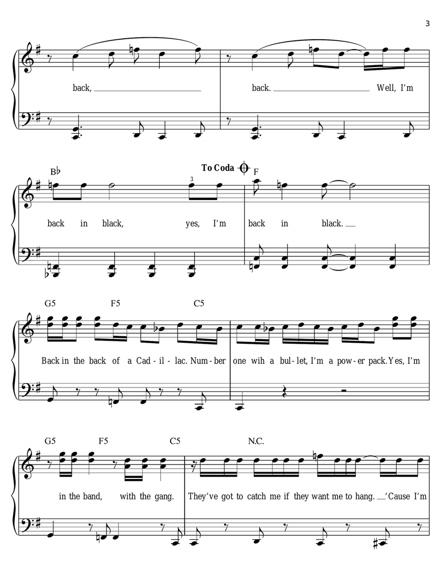 Back In Black Easy Piano scores gallery preview page 3