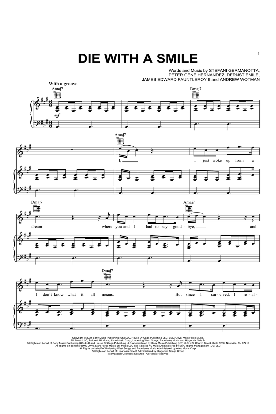Die With A Smile Piano, Vocal, Guitar scores gallery preview page 1