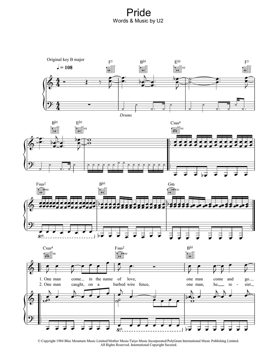 Pride (In The Name Of Love) Piano, Vocal, Guitar scores gallery preview page 1