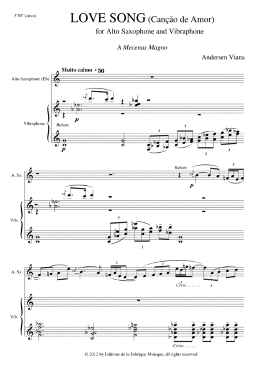 Andersen VIANA LOVE SONG (Canção de Amor) for alto saxophone and vibraphone Alto Saxophone scores gallery preview page 2