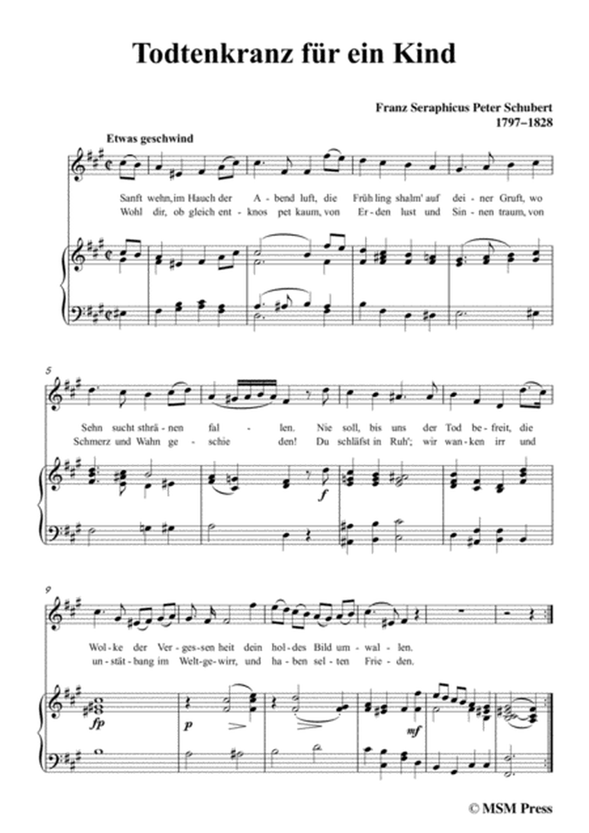 Schubert-Todtenkranz für ein Kind,in f sharp minor,for Voice&Piano image number null