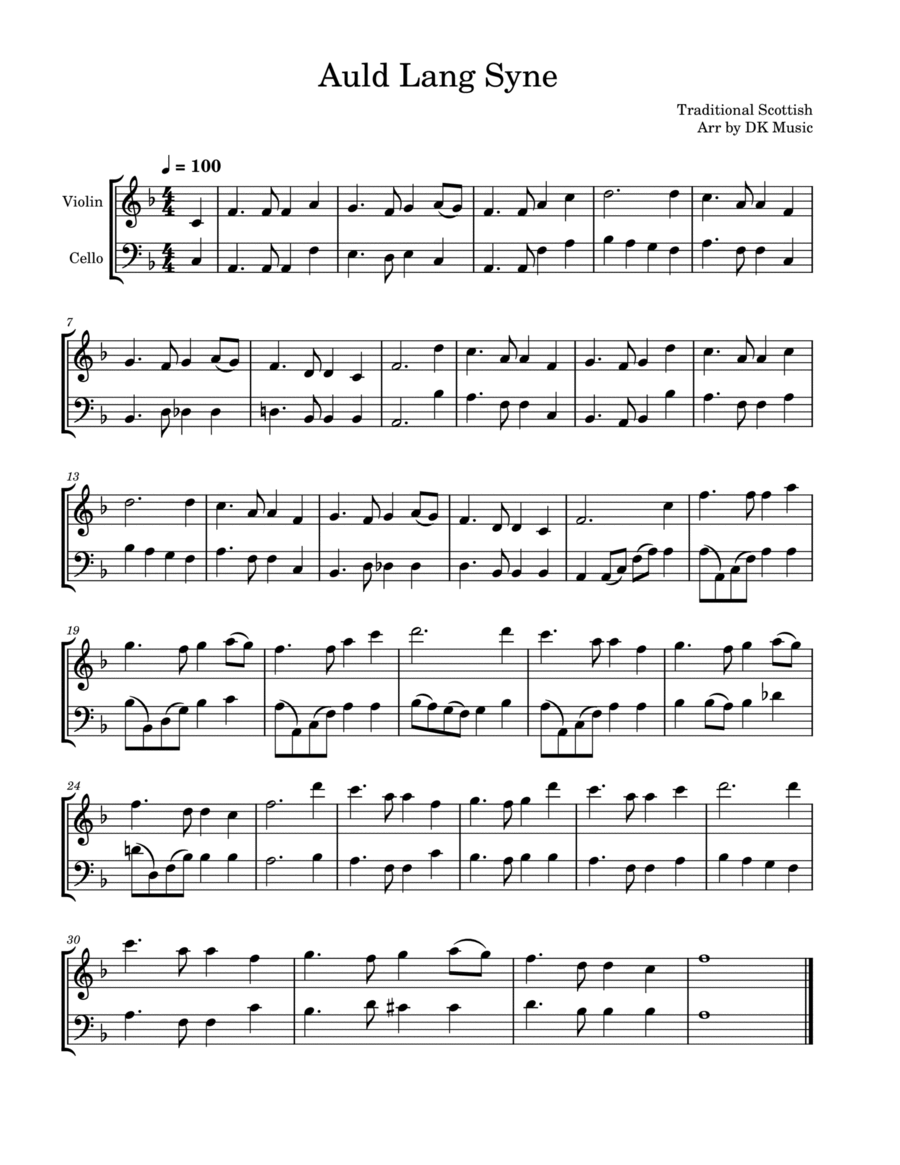 Auld Lang Syne - Violin Cello Duet String Duet scores gallery preview page 1