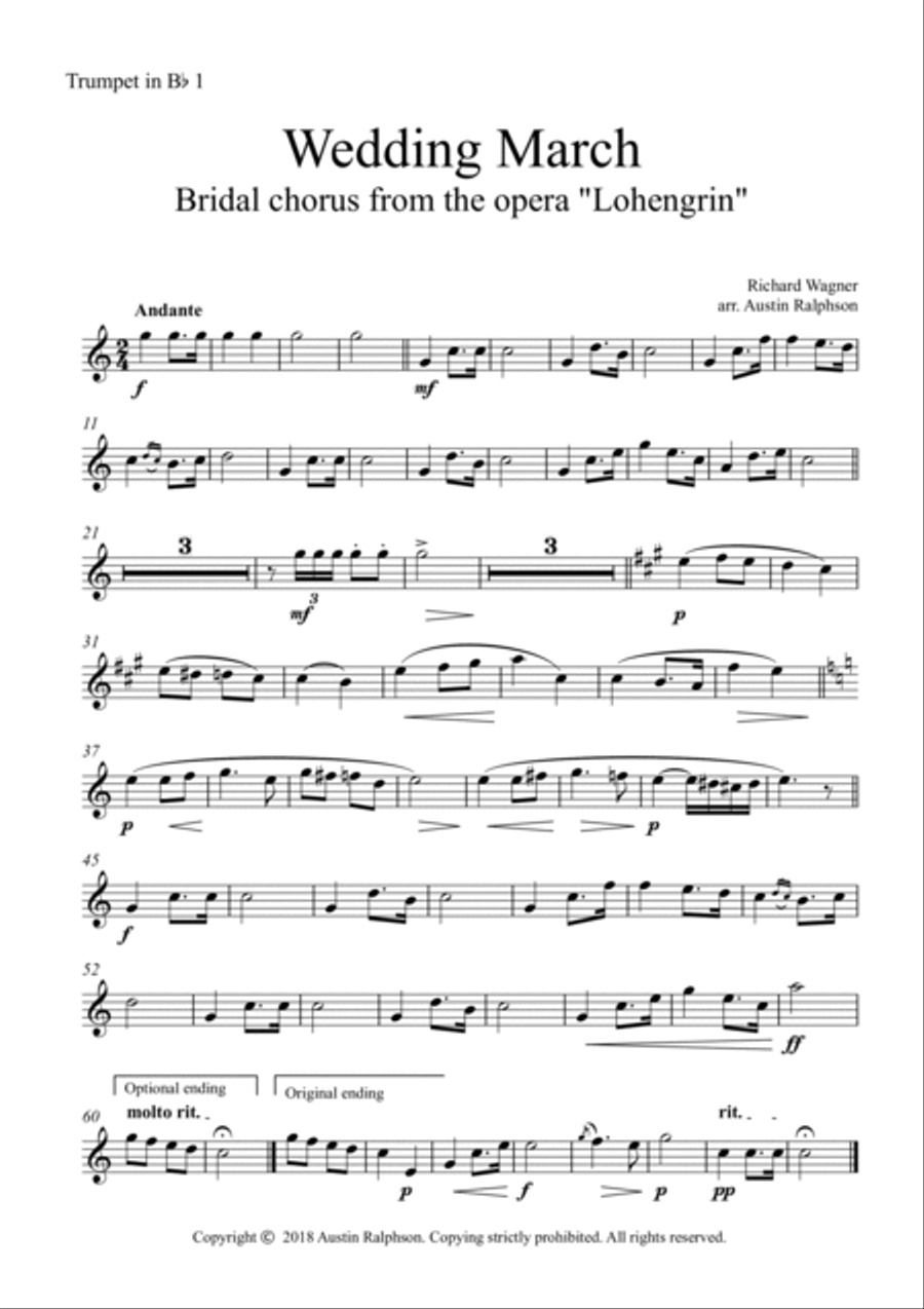 Wedding March (Bridal Chorus from 'Lohengrin': Here Comes The Bride) - brass quintet optional organ Horn scores gallery preview page 2
