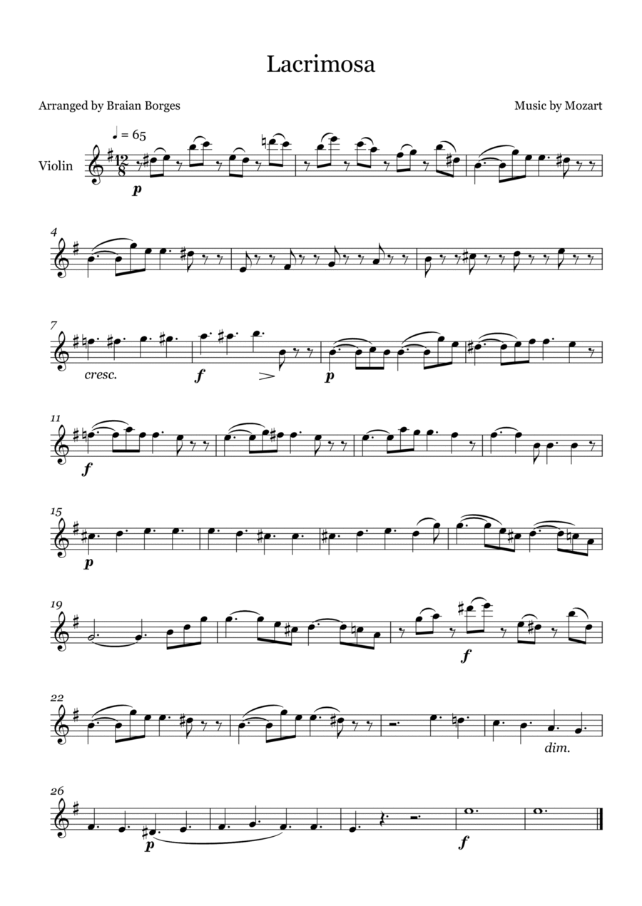 Lacrimosa in G Major - For Violin Violin Solo scores gallery preview page 1