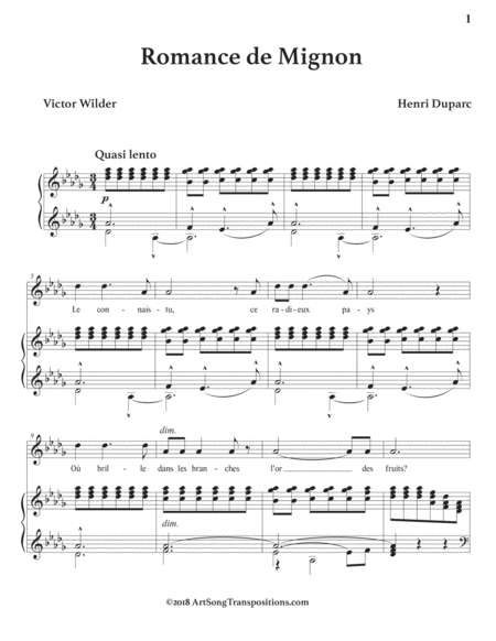 DUPARC: Romance de Mignon (transposed to D-flat major)
