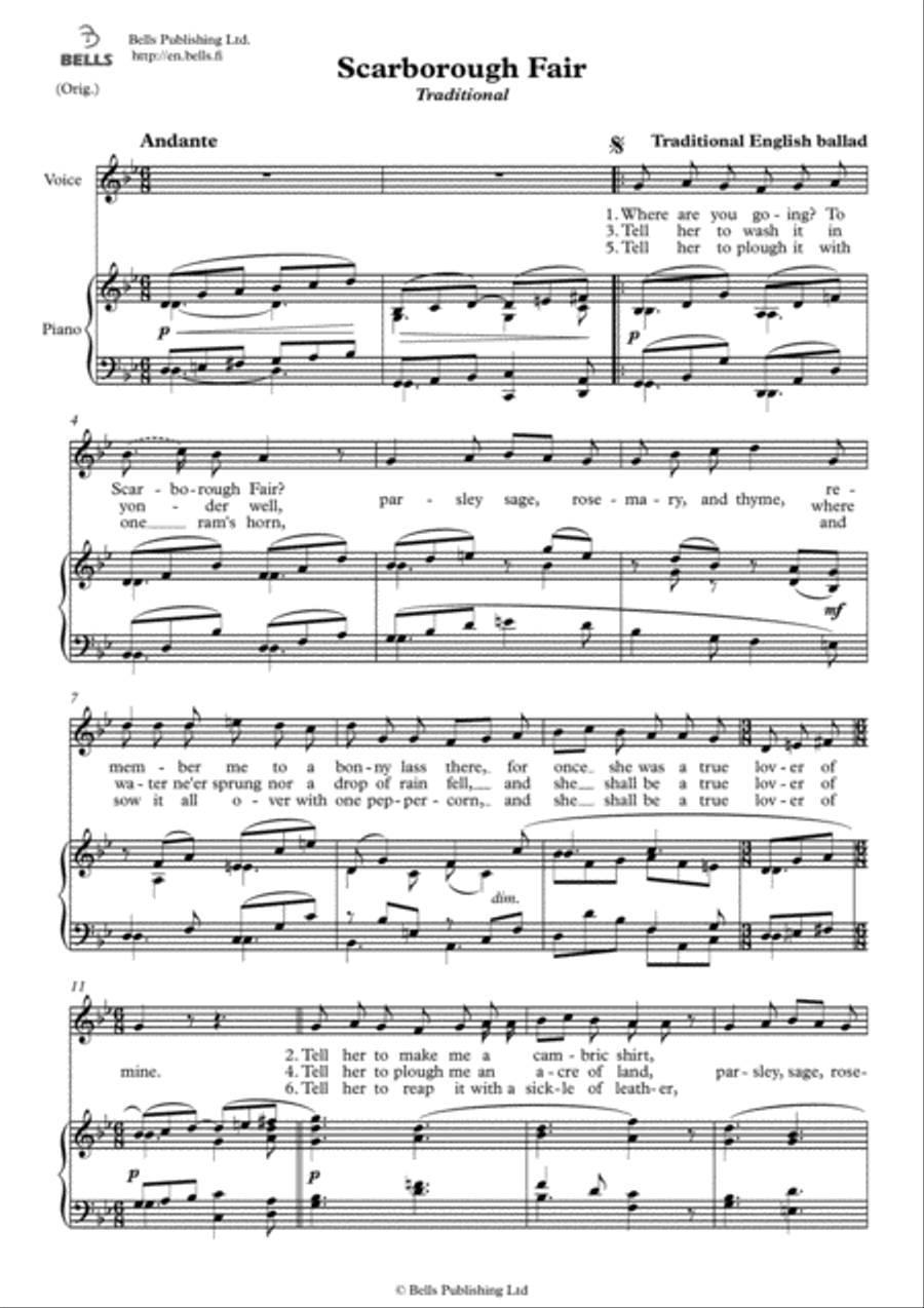 Scarborough Fair (Solo song) (Original key. G minor) Voice Solo scores gallery preview page 1