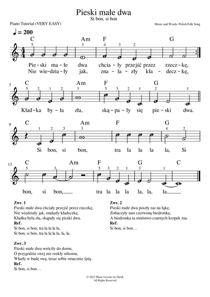 Pieski małe dwa (Si bon, si bon), Polish Folk Song [VERY EASY PIANO] image number null