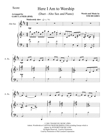 HERE I AM TO WORSHIP (Duet – Alto Sax and Piano/Score and Parts) image number null