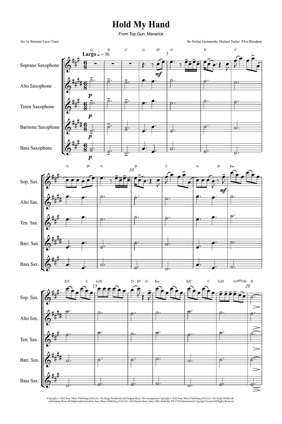 Hold My Hand Saxophone Quintet scores gallery preview page 1