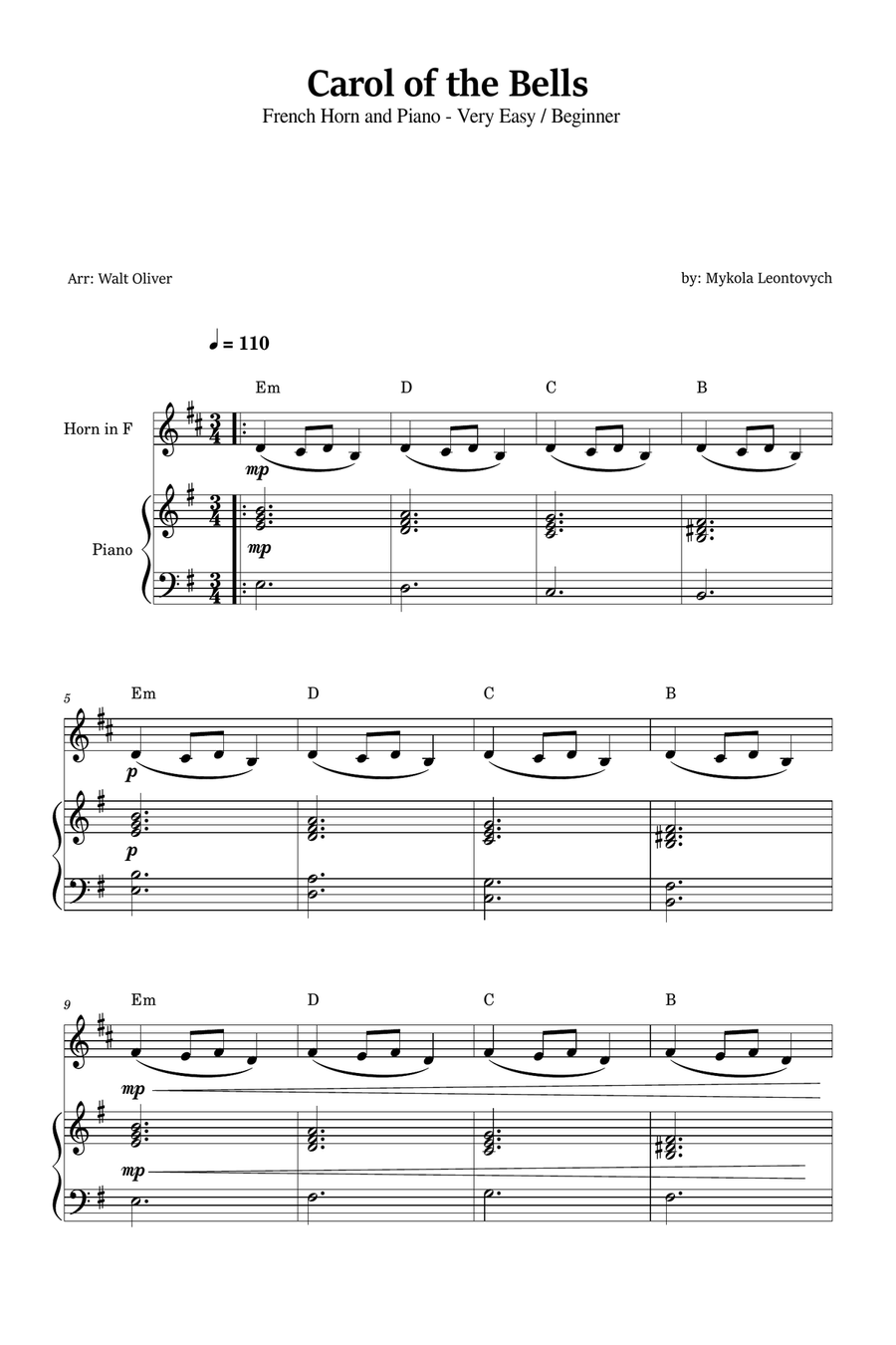 Carol of the Bells for French Horn and Piano (Very Easy - Beginner) in E minor - With Chords Piano scores gallery preview page 1