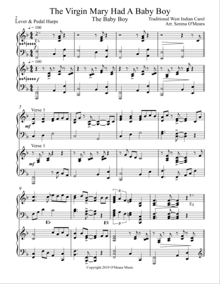 The Virgin Mary Had a Baby Boy, Harp Duet Celtic Harp scores gallery preview page 2