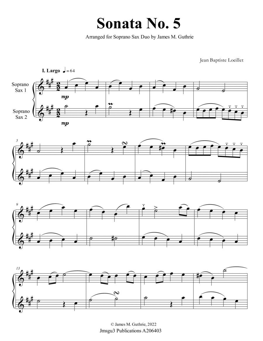 Loeillet: Sonata No. 5 for Soprano Sax Duo Woodwind Duet scores gallery preview page 1