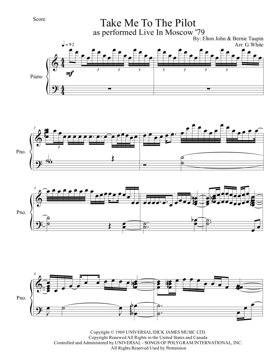 Take Me To The Pilot Piano Solo scores gallery preview page 1