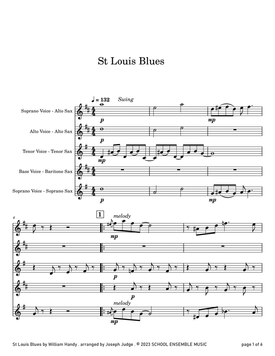 St Louis Blues by Handy for Saxophone Quartet in Schools Saxophone Quartet scores gallery preview page 1