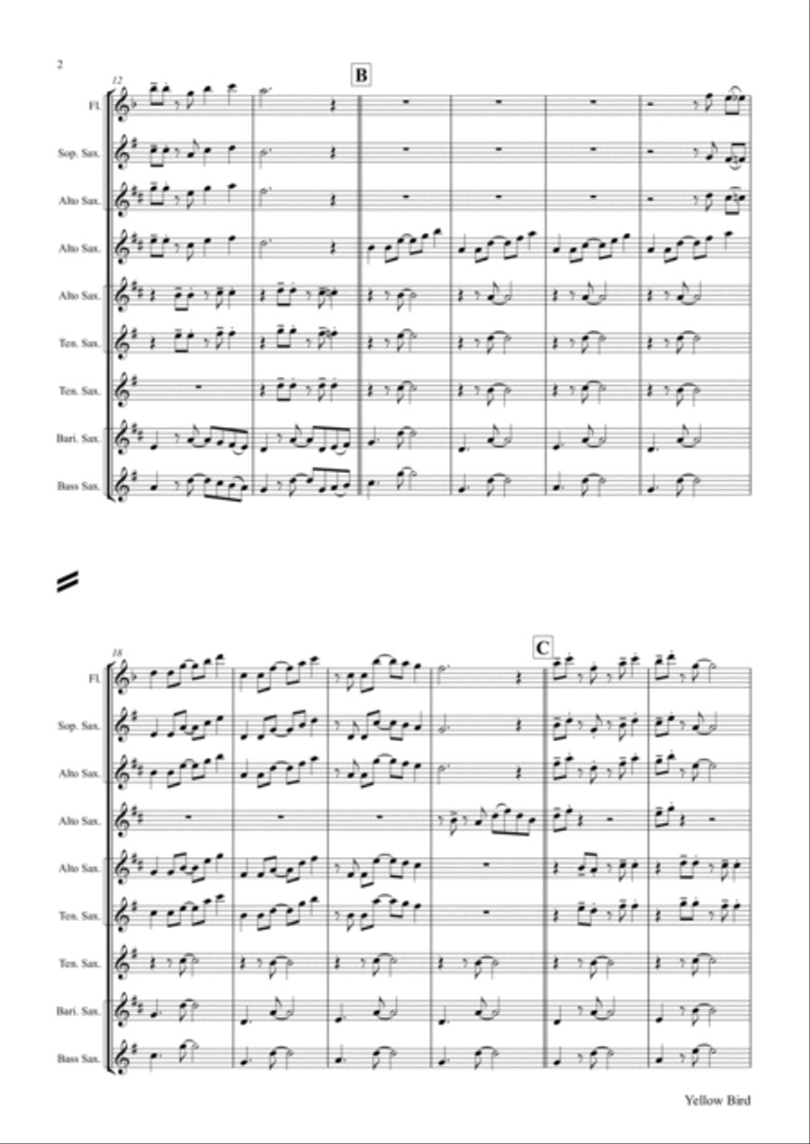 Yellow Bird - Haitian Folk Song - Calypso - Saxophone Quintet Saxophone Quintet scores gallery preview page 2