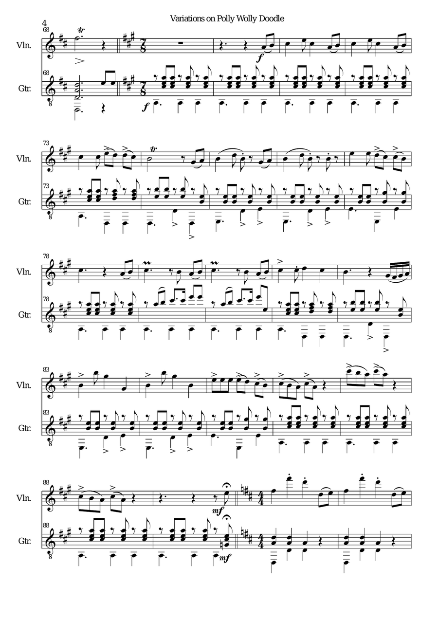 Variations on Polly Wolly Doodle for violin and guitar String Duet scores gallery preview page 4