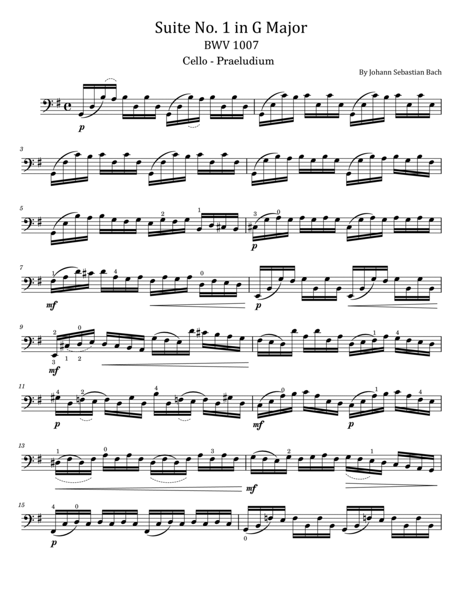 Bach Cello Suite No.1 in G major, BWV 1007 - Prelude - With Finger Number Cello Solo scores gallery preview page 1