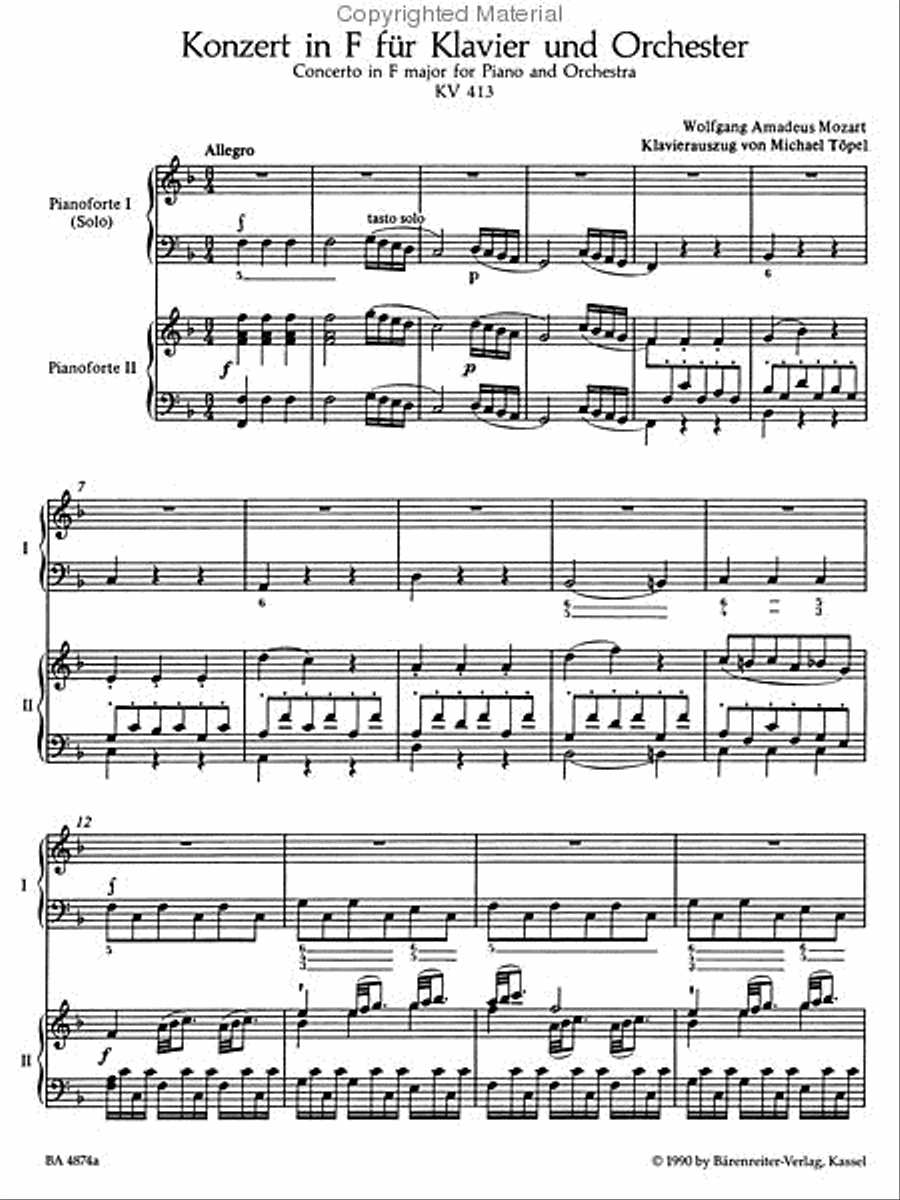 Concerto for Piano and Orchestra No. 11 F major KV 413(387a) Piano Solo scores gallery preview page 2
