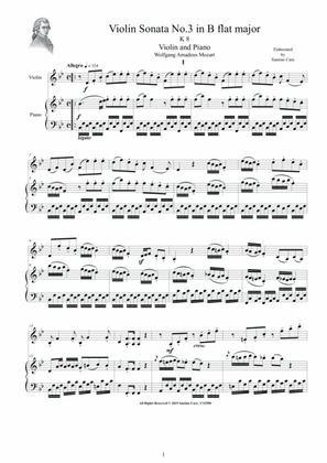 Mozart - Violin Sonata No.3 in B flat major KV 8 for Violin and Piano - Score and Part