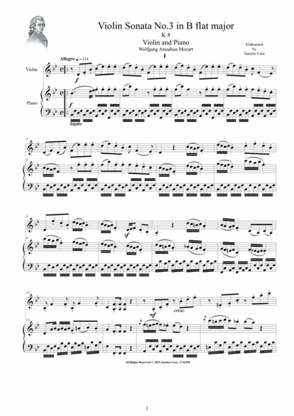 Mozart - Violin Sonata No.3 in B flat major KV 8 for Violin and Piano - Score and Part image number null