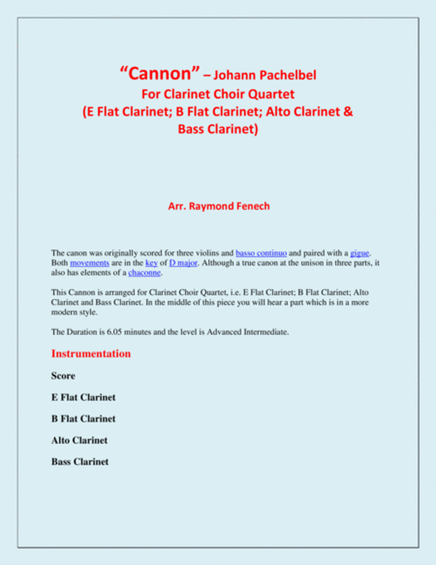 Canon - Johann Pachebel - Clarinet Choir Quartet (E Flat Clarinet; B Flat Clarinet; Alto Clarinet an image number null