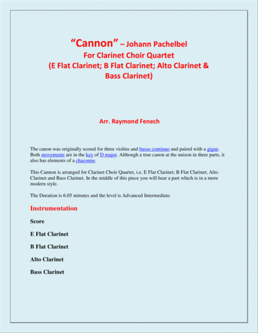 Canon - Johann Pachebel - Clarinet Choir Quartet (E Flat Clarinet; B Flat Clarinet; Alto Clarinet an Clarinet Quartet scores gallery preview page 2