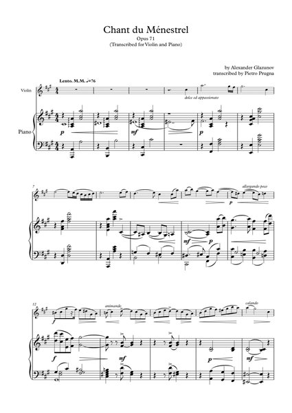 Chant du Ménestrel, Op.71, by Alexander Glazunov - Transcribed for Violin (or Viola) and Piano image number null