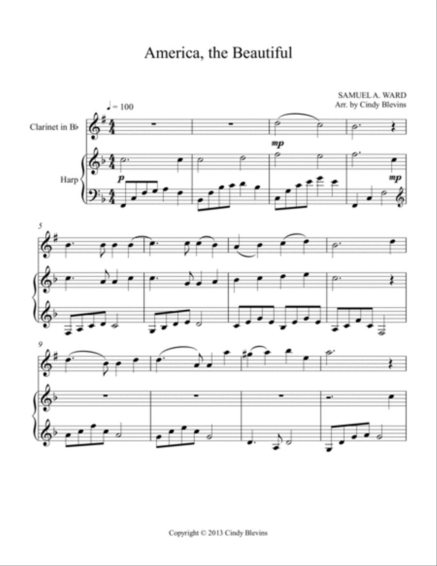 America, the Beautiful, for Harp and Clarinet Clarinet scores gallery preview page 2