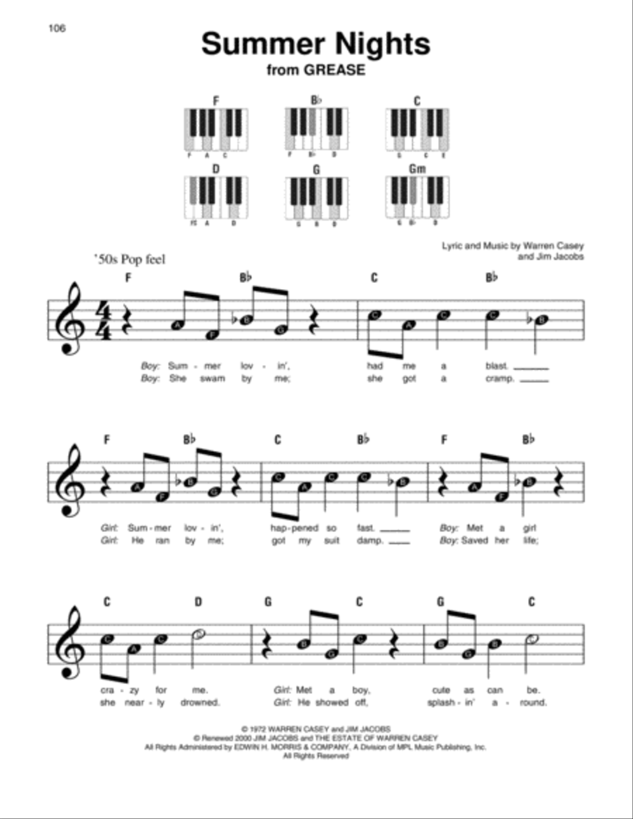 Summer Nights Easy Piano scores gallery preview page 1