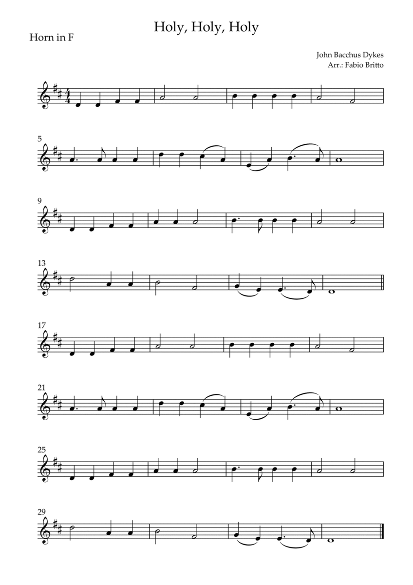 Holy, Holy, Holy (Traditional Christian Song) for Horn in F Solo
