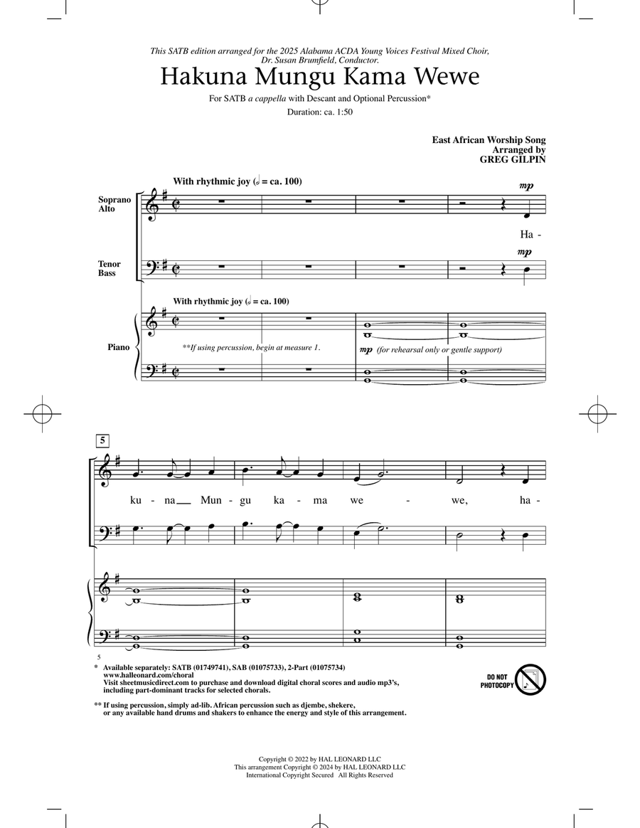 Hakuna Mungu Kama Wewe 4-Part scores gallery preview page 1