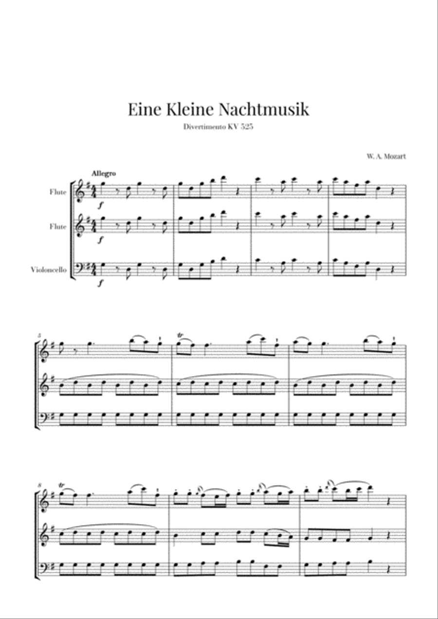 Eine Kleine Nachtmusik for 2 Flutes and Cello Woodwind Trio scores gallery preview page 1