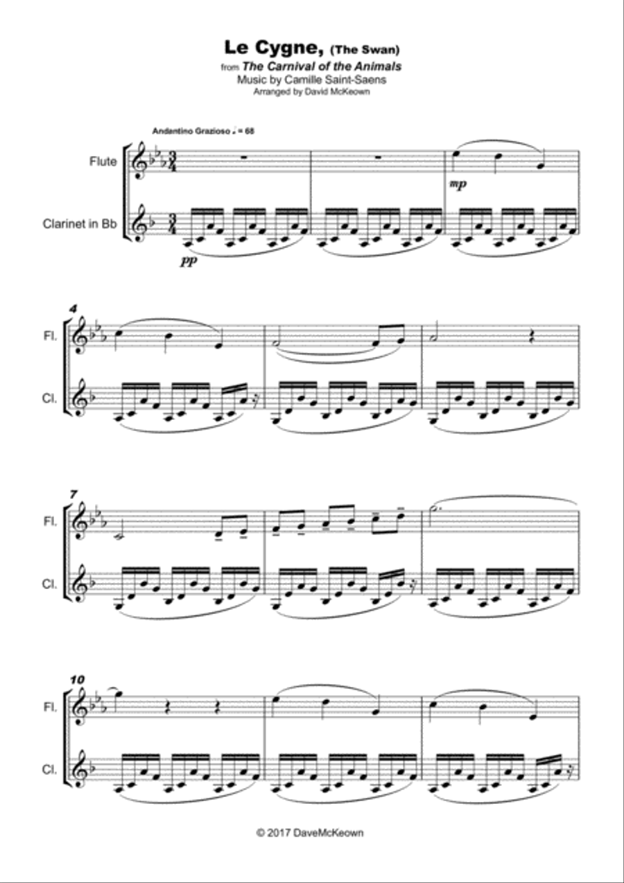 The Swan, (Le Cygne), by Saint-Saens, Duet for Flute and Clarinet Woodwind Duet scores gallery preview page 1