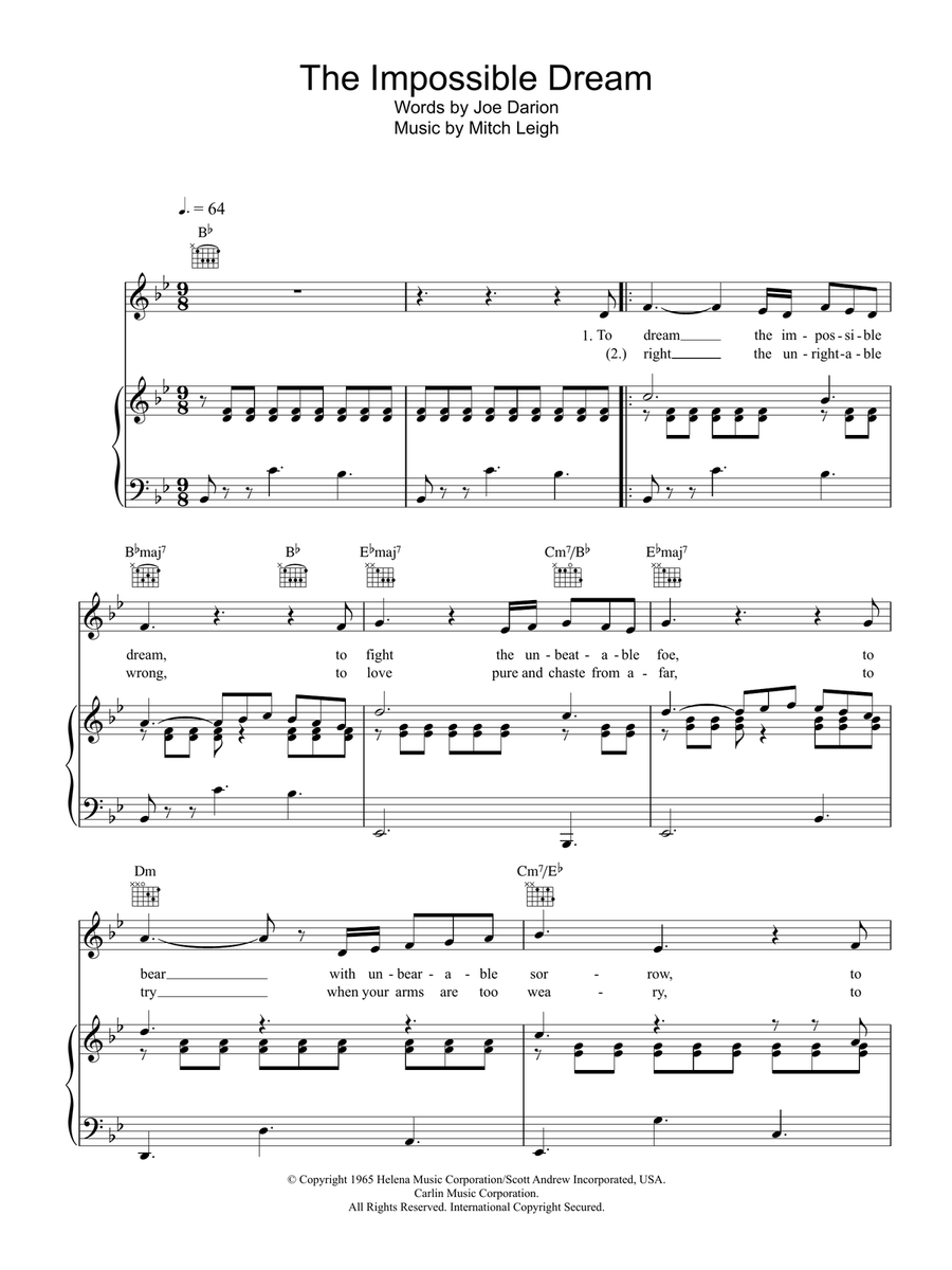 The Impossible Dream Piano, Vocal, Guitar scores gallery preview page 1