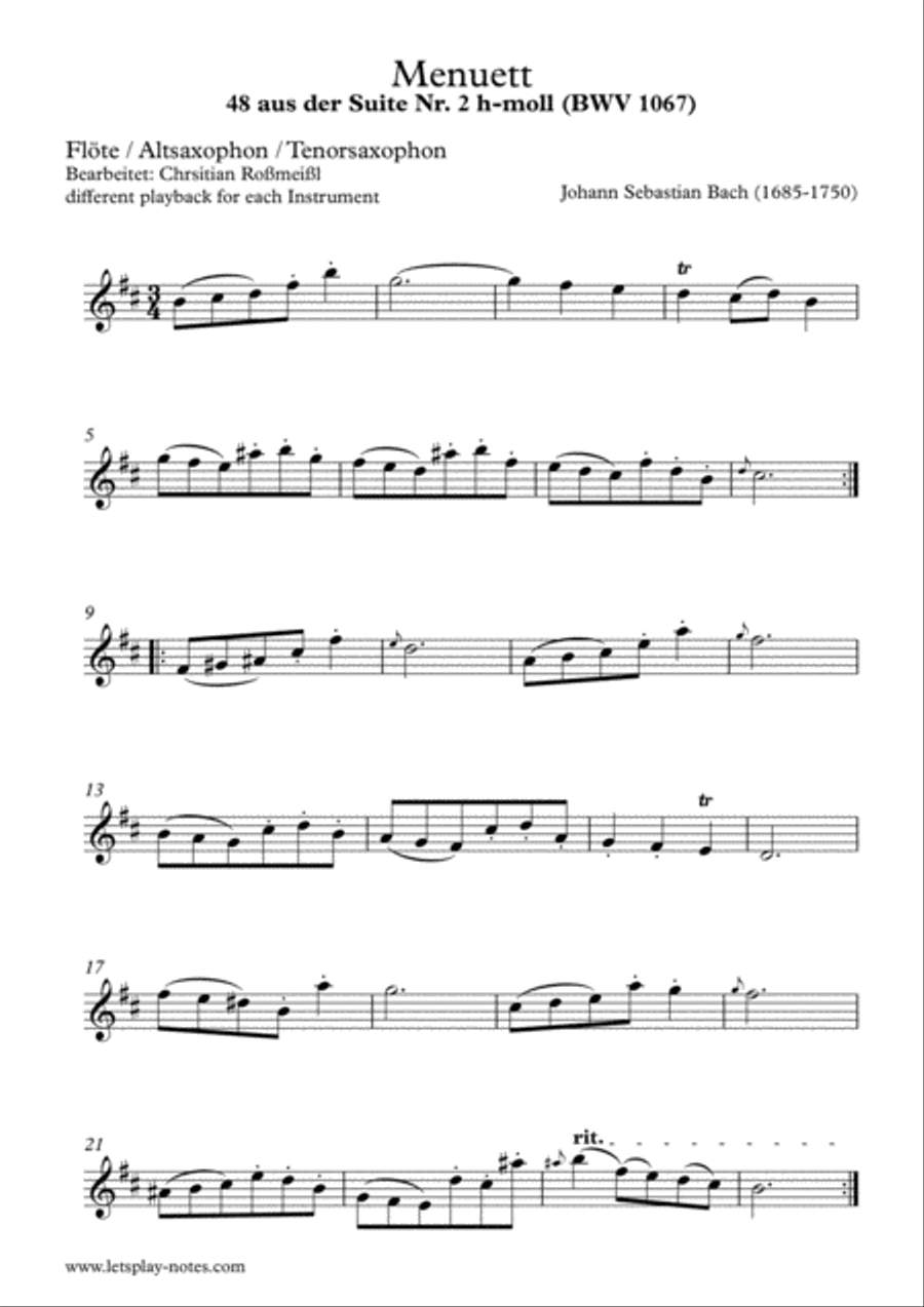 Menuett from J.S Bach Orchestral Suit No 2 Small Ensemble scores gallery preview page 1