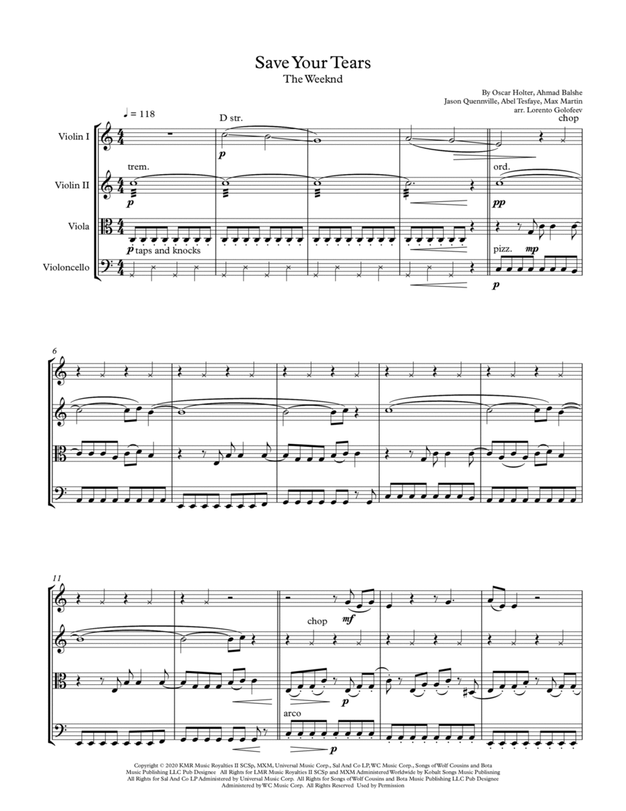 Save Your Tears String Quartet scores gallery preview page 1